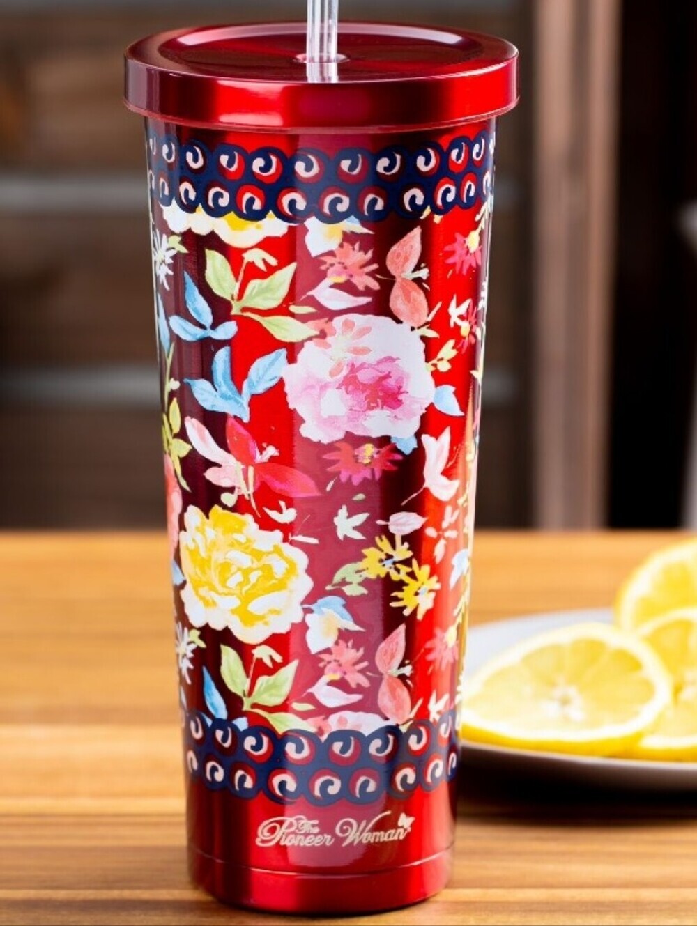The Pioneer Woman Red Floral Insulated Tumbler with Clear Straw